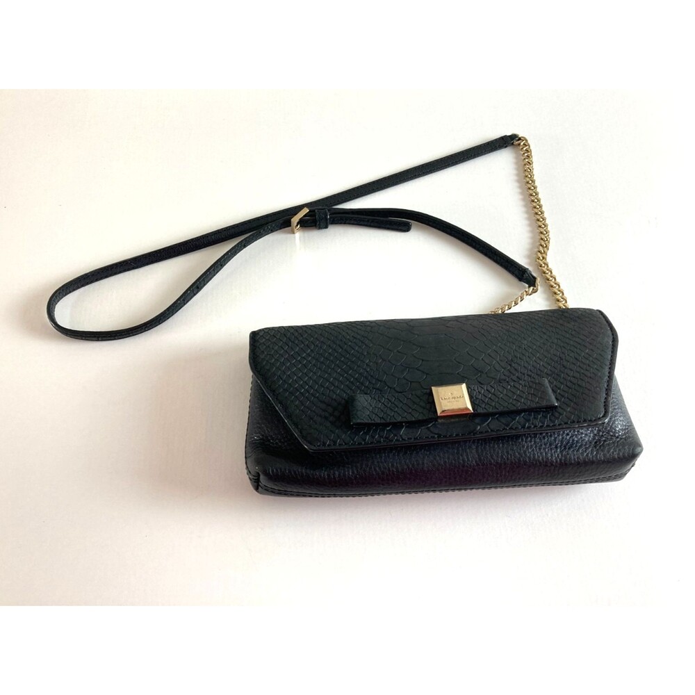 Kate Spade New York Black Pebbled Leather Crossbody Bag Gold Chain Strap Snake